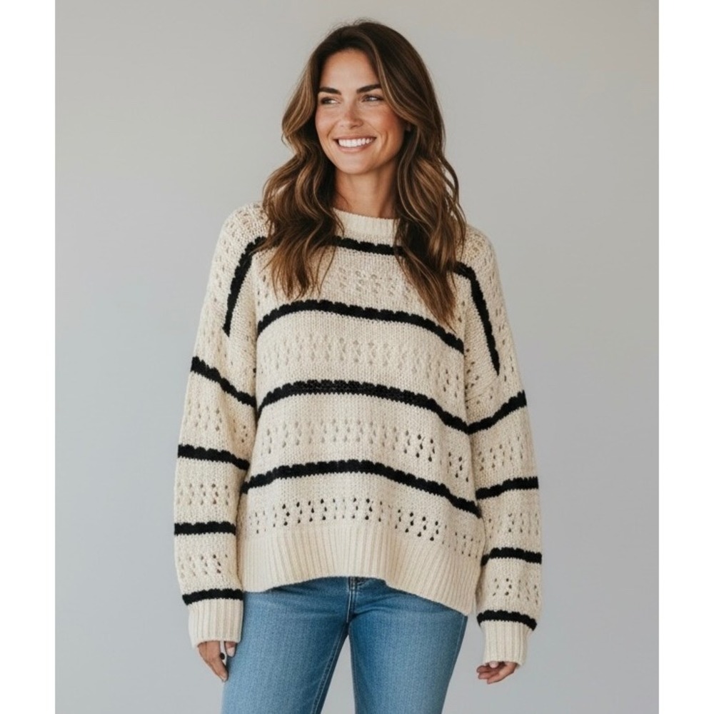 Reitmans Cream Navy Blue‎ Medium Striped Pointelle Knit Cotton Sweater